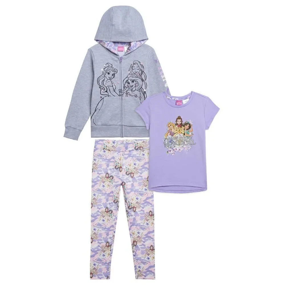 NEW! Disney Princesses Kids 3 piece Set zip Hoodie, Tee and leggings siz…